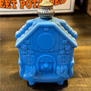 Vintage Avon Blue Glass Bird House Shaped Bottle